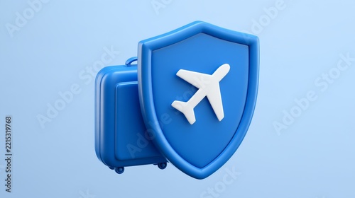 3D icon of a security shield with a suitcase and airplane For travel insurance, baggage protection, trip cancellation coverage, and secure international travel.