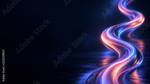 Flowing Neon Pink and Blue Light Trail Across a Reflective Dark Navy Surface