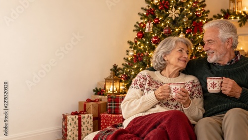 Happy Senior Couple Sharing Warm Drinks beside Their Christmas Tree