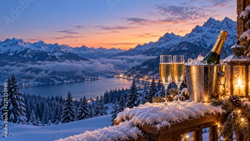 Sparkling Wine on a Snowy Balcony Overlooking an Alpine Sunset