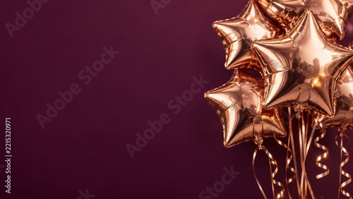 Rose Gold Star Balloons with Curled Ribbons on a Burgundy Background