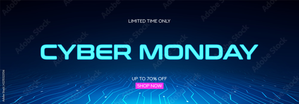 Fototapeta premium Futuristic Cyber Monday banner. Vector illustration with blue glowing sign of Cyber Monday on technology background with circuit board traces. Promotion, advertising and social media ads concept.