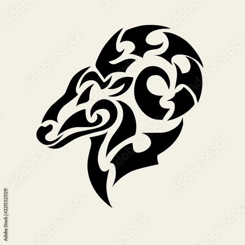 Stylized tribal ram head illustration with curved horns and abstract patterns