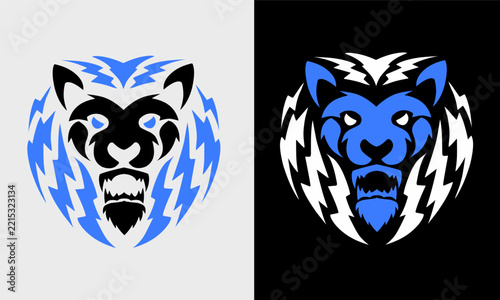 Powerful lion head mascot logo with energetic lightning bolts for sports branding