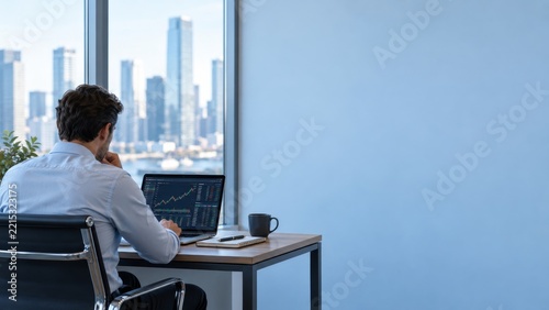 Man using a laptop with a trading chart beside a city office window