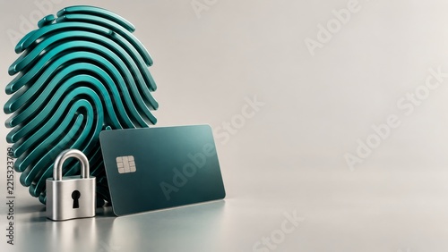 Teal fingerprint sculpture with a chip card and silver security padlock