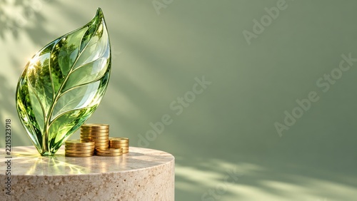 Transparent green glass leaf beside gold coin stacks on a stone pedestal