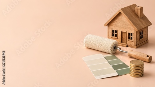 Wooden house with paint roller color swatches and a renovation coin fund