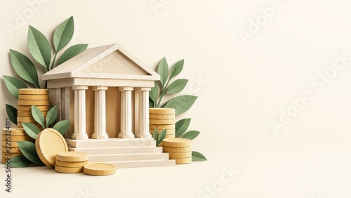 Paper craft bank building with golden coins and green leaves on cream