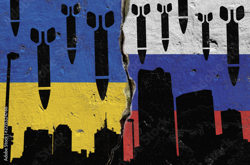 combat drones flying at the Ukrainian city against the background of the national flag of Ukraine and Russia