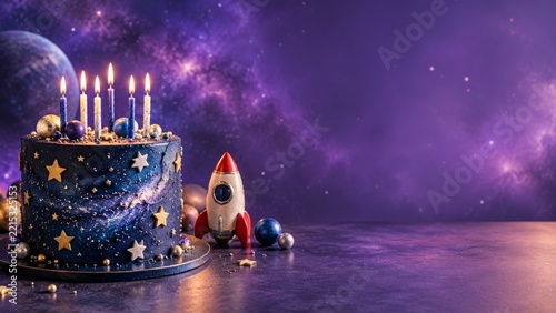 Space themed birthday cake with planets and a toy rocket on a purple backdrop