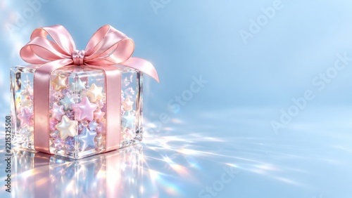Clear birthday gift box filled with pastel stars and tied with a pink satin bow