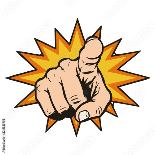 comic effect hand pointing with explosion flat color vector illustration template design