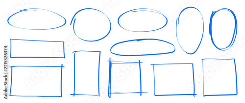 Hand drawn blue marker frames vector set, imperfect doodle circle oval square border line art highlight elements