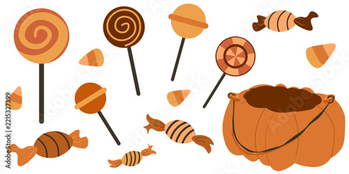 Trick or treat clipart set of Halloween sweets, swirl lollipops, wrapped candies, candy corn, and a pumpkin treat basket isolated on white. Ideal for autumn holiday stickers and party decor.