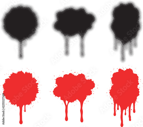 Set of black and red ink splatter vector shapes with halftone texture