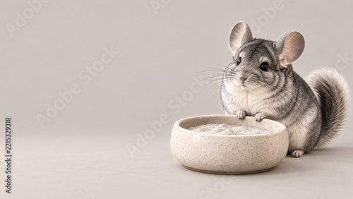 Silver Chinchilla beside a Speckled Ceramic Dust Bath Bowl on Beige