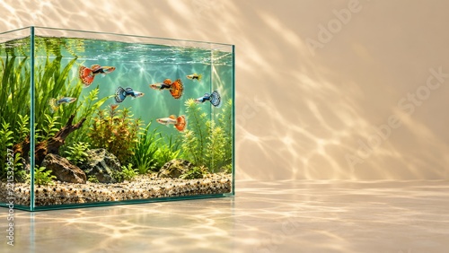 Colorful Guppies Swimming in a Planted Glass Aquarium in Warm Light