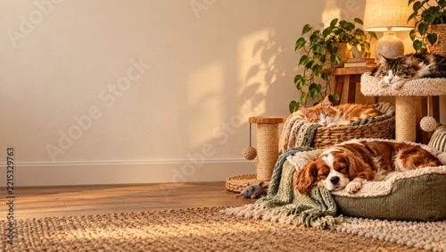 Sleeping Spaniel and Two Cats in a Warm Pet Corner with Woven Beds