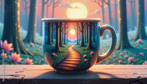 concept tranquil nature scene with winding path and blooming flowers depicted on a coffee mug against a serene forest background with soft sunlight, warm colors, with copy space