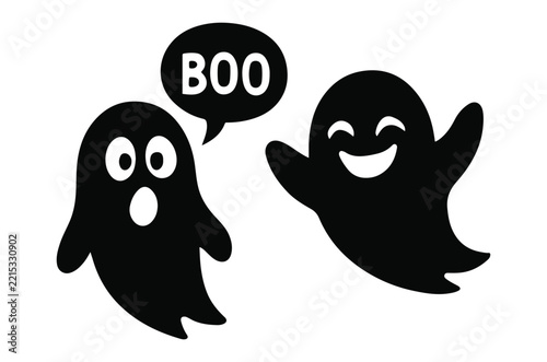 Fotografie Two black ghost silhouettes with speech bubble on white background