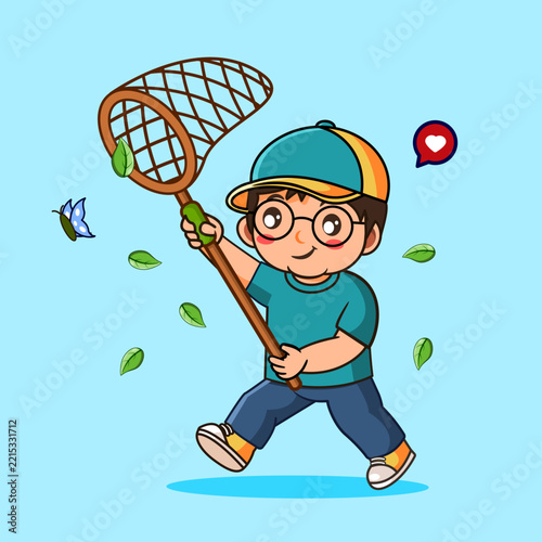 Boy Catching Butterfly with Net Cartoon Vector Illustration