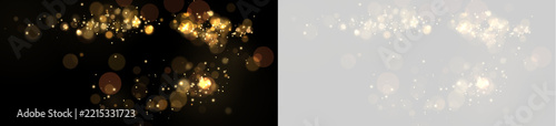 Scattered golden bokeh lights and glowing particle clusters on a black background on transparent background
