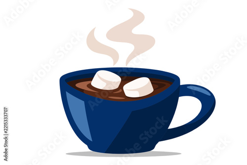 Hot chocolate mug with melting marshmallows and rising steam vector illustration.