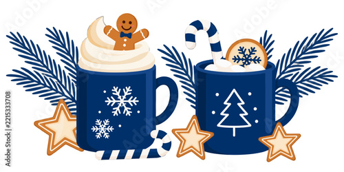 Festive hot chocolate mugs with gingerbread man and candy cane for winter holidays.