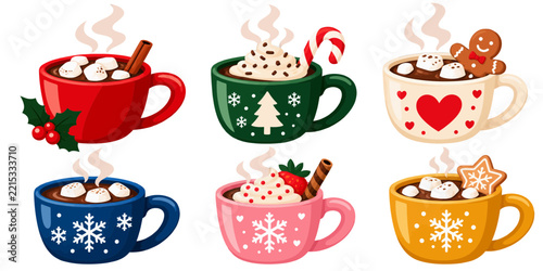 Set of colorful winter mugs with hot chocolate and marshmallows vector illustration.