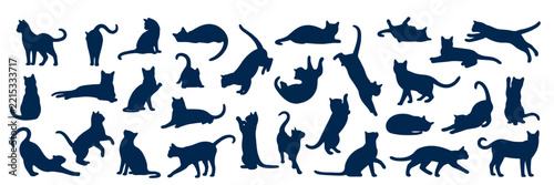 Collection of blue cat silhouettes in various playful poses and postures.