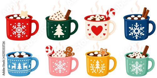 Set of cute winter holiday mugs with hot chocolate marshmallows and festive patterns.