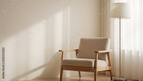Minimal reading corner with armchair, floor lamp and empty wall