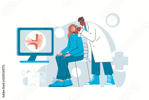 Otolaryngologist examines woman's ear with otoscope during medical consultation. Detailed anatomy of ear is displayed on computer screen. Vector character illustration.