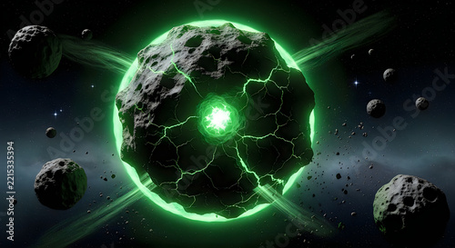 Glowing Green Energy Asteroid and Cosmic Space Concept Art