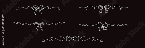 Hand drawn girly coquette bow ribbon banner set. Editable stroke line. Vector isolated on black background for design template birthday, wedding, Christmas card, invitation, sale.