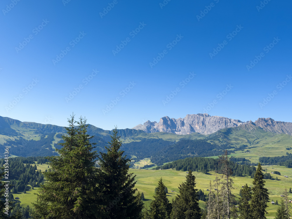 Naklejka premium Alpe di Siusi at sunny morning sunrise, Dolomites mountains, Italy