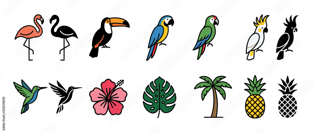 Fototapeta premium Tropical Birds and Plants Collection Isolated