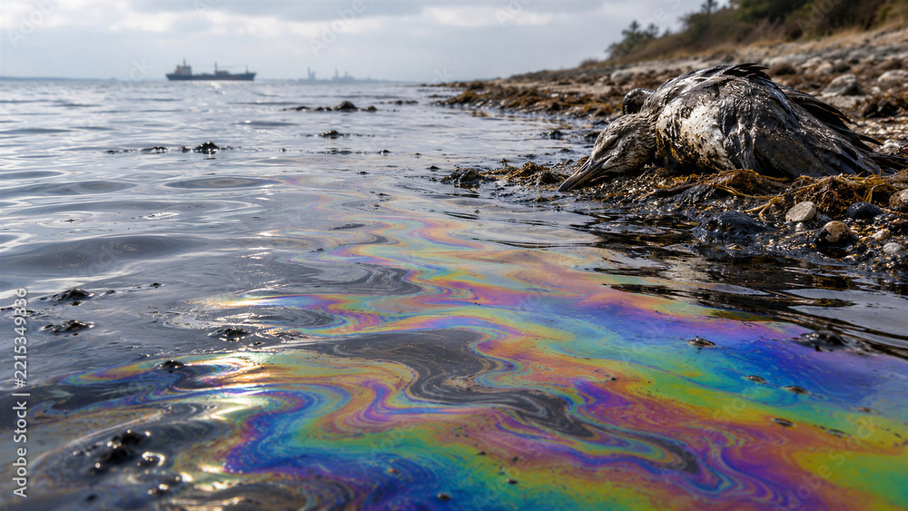 Fototapeta premium Oil slick reflecting colors near rocky shore and ships in distance 