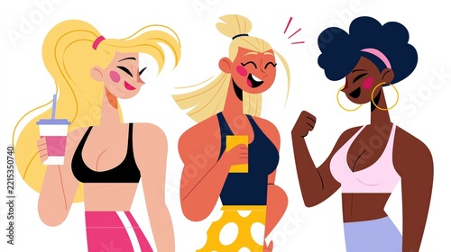 Three diverse women in athletic wear smiling and conversing.