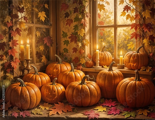 Compose autumn-themed visuals using warm tonalities (mustard, burgundy, olive), leveraging natural light scenarios (golden hour, window-lit interiors, candlelit ambiance) for emotive mood transitions.