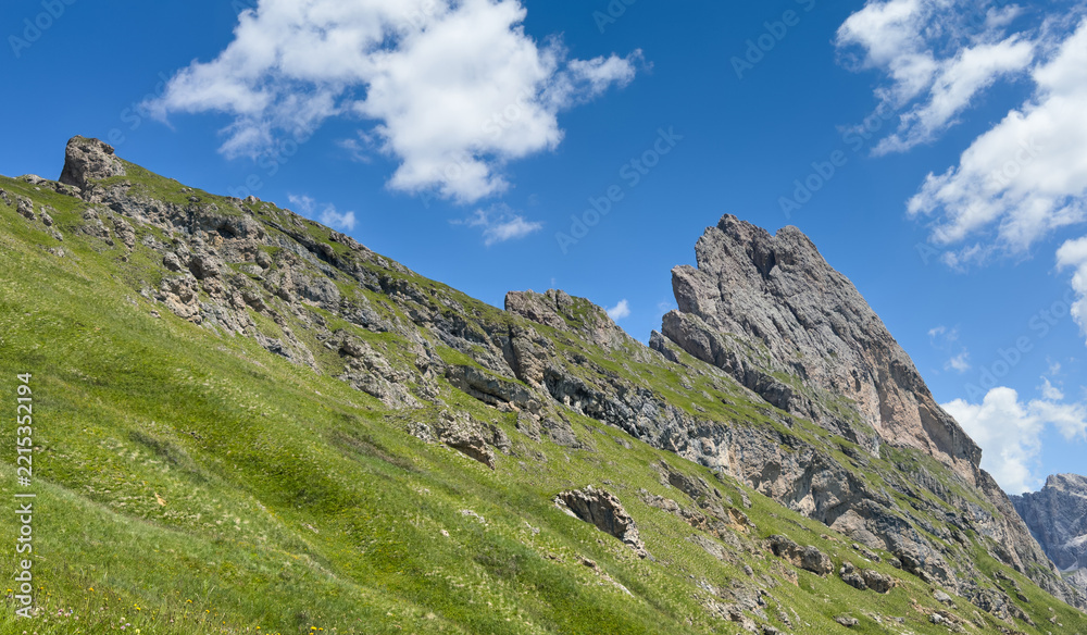 Naklejka premium View of beautiful landscape in the Alps with fresh green meadows and mountain tops in the background on a sunny day with blue sky and clouds in summertime. Alpe di Cisles, Seceda Ridgeline, Dolomiti ,