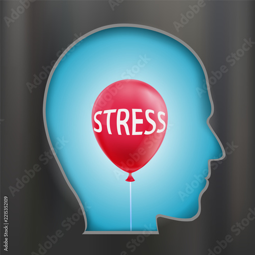 Balloon with the inscription stress inside human head. Vector illustration.