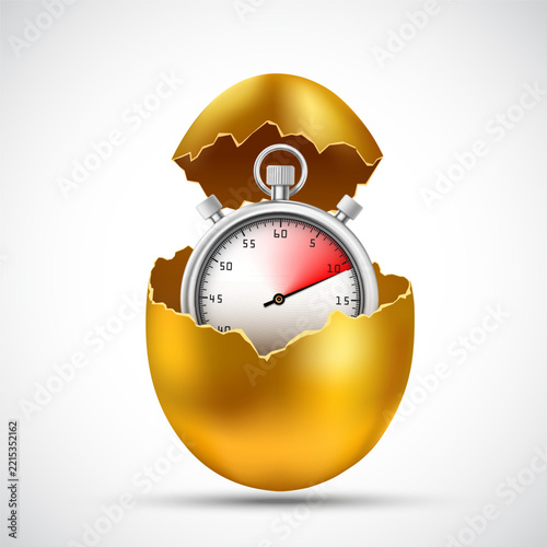 Sports stopwatch or watch inside a golden chicken egg. Time concept. Isolated on a white background. Vector illustration.
