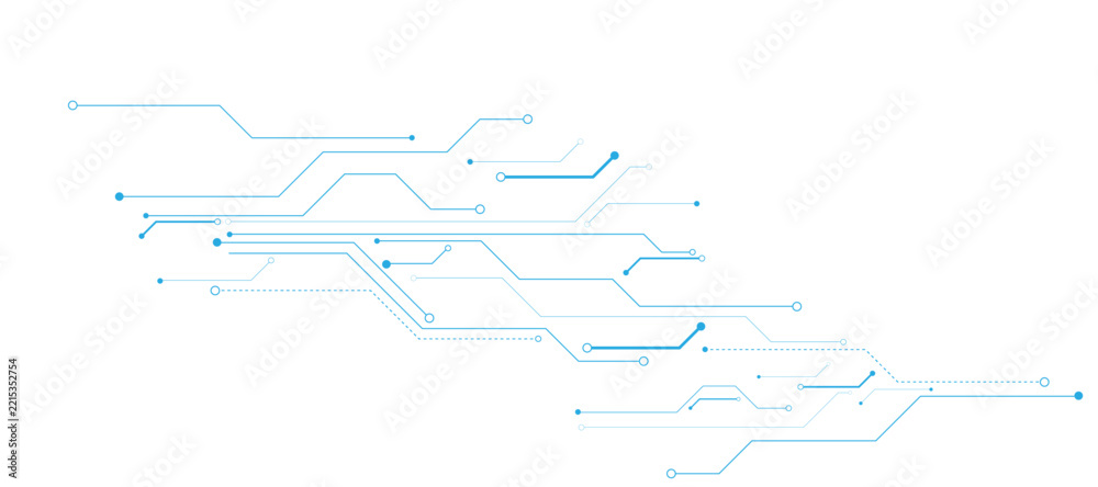 Futuristic blue circuit board lines on white background, digital ...