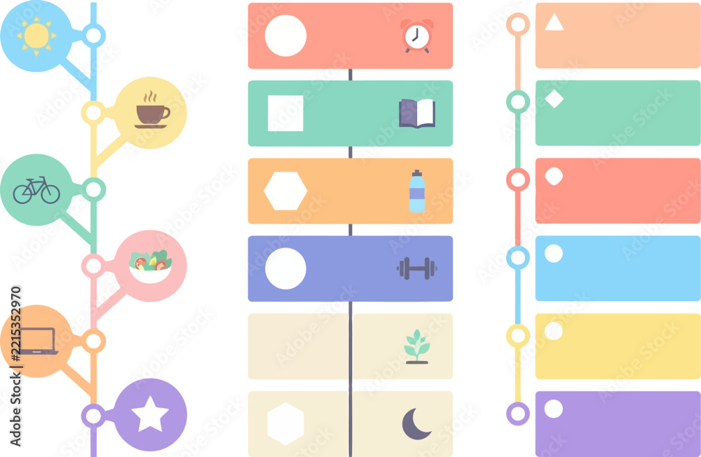 Fototapeta premium A series of colorful charts displays organized daily routine habits through various graphic icons arranged in a structured vertical sequence intended for productive personal time management