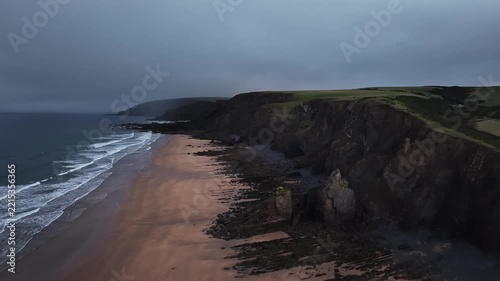 Aerial view early morning mist at Sandymouth Bay Cornwall UK