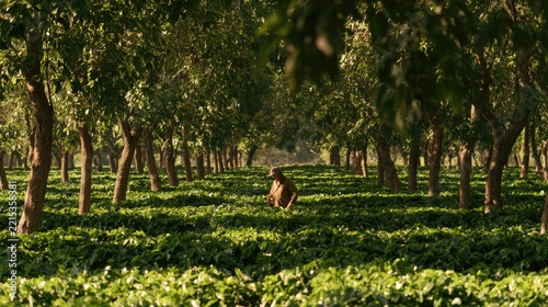 A Dog's Delight: A happy dog enjoys a joyful romp through a sun-dappled orchard, surrounded by rows of lush trees and verdant undergrowth.