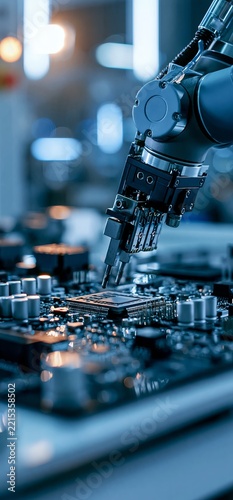 Robotic arm assembling electronic circuit board components. Robotic arm precisely placing microchips on a circuit board in a high-tech electronics factory