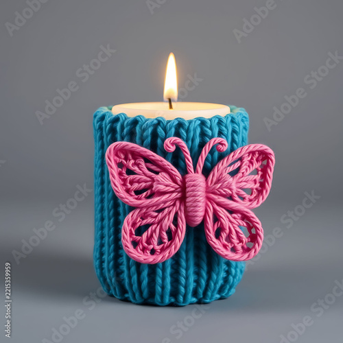A lit candle inside a blue knitted cozy featuring a decorative pink yarn butterfly ornament